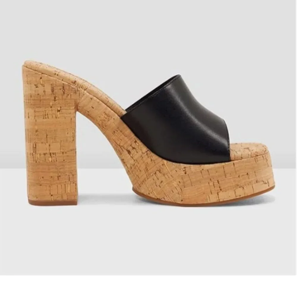 FOWT Black Cork High Chunky Heel Backless MulesPlatform Open Toe Sandals - Picture 1 of 6